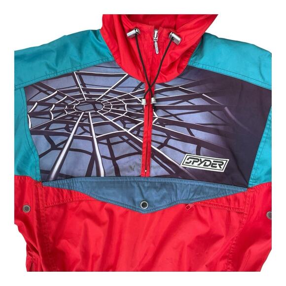 Vintage SPYDER 3D Web Graphic Red Pullover Hooded Windbreaker Parka XS - Picture 3 of 5